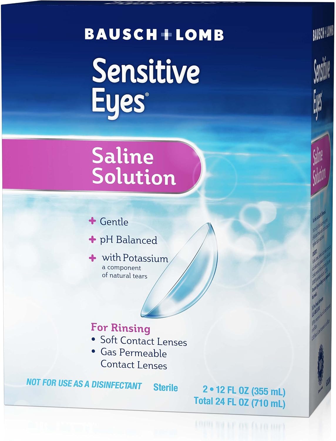 Bausch + Lomb Sensitive Eyes Saline Solution, Gentle Daily Rinse for Soft & Gas Permeable Contact Lenses, with Potassium, 12 Fl Oz (Pack of 2)