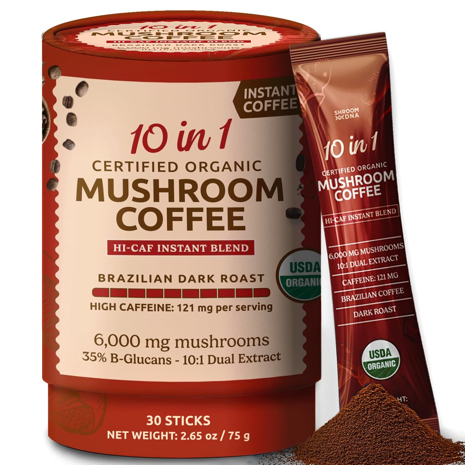 ShroomDNA Mushroom Coffee Blend with Chaga & Lion's Mane | Instant Focus + Clarity All Day | Organic + Vegan + Gluten Free | No Added Sugar | 20 Count