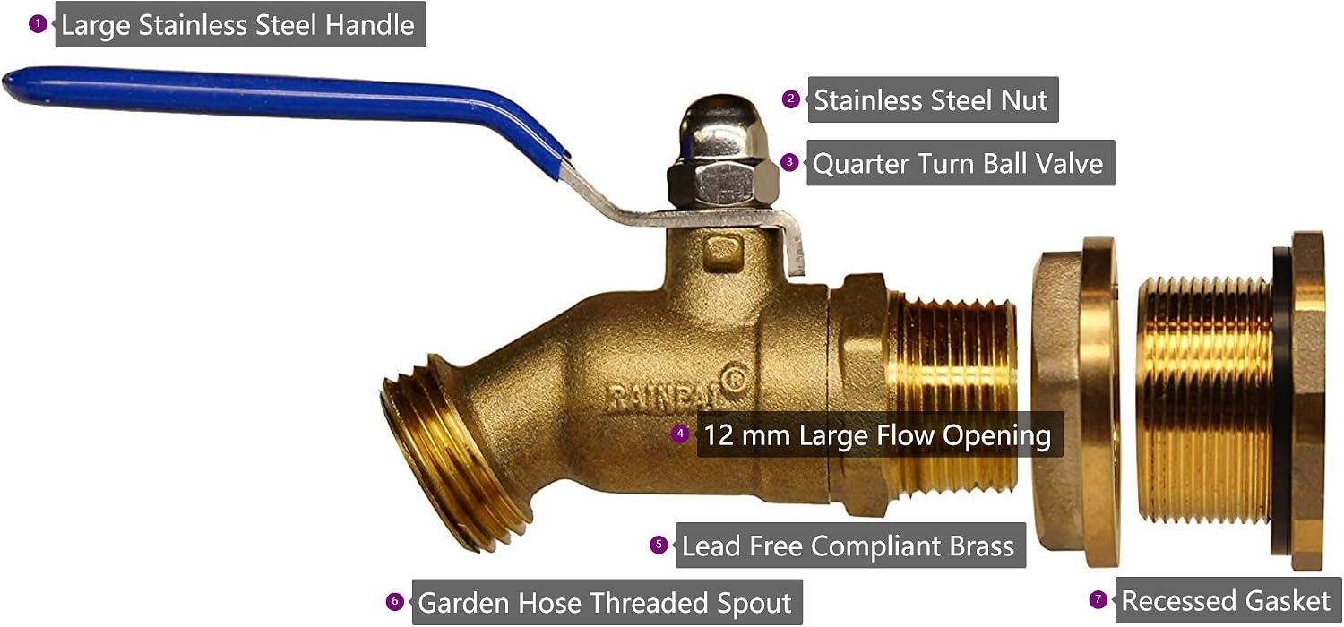 RBS024 Brass Rain Barrel Spigot (LF Compliant 3/4" Quarter Turn Ball Valve w/Bulkhead Fitting and Thread Tape, 7 GPM)