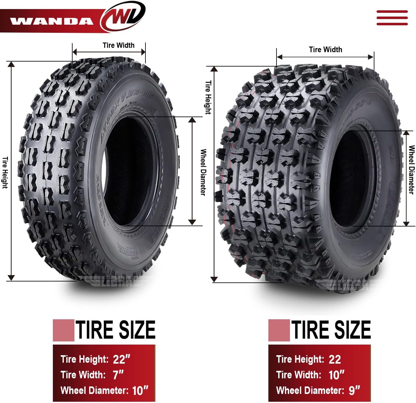 WANDA 4 Sport ATV tires 22x7-10 & 22x10-9 for 01-09 Honda TRX 250EX 300EX