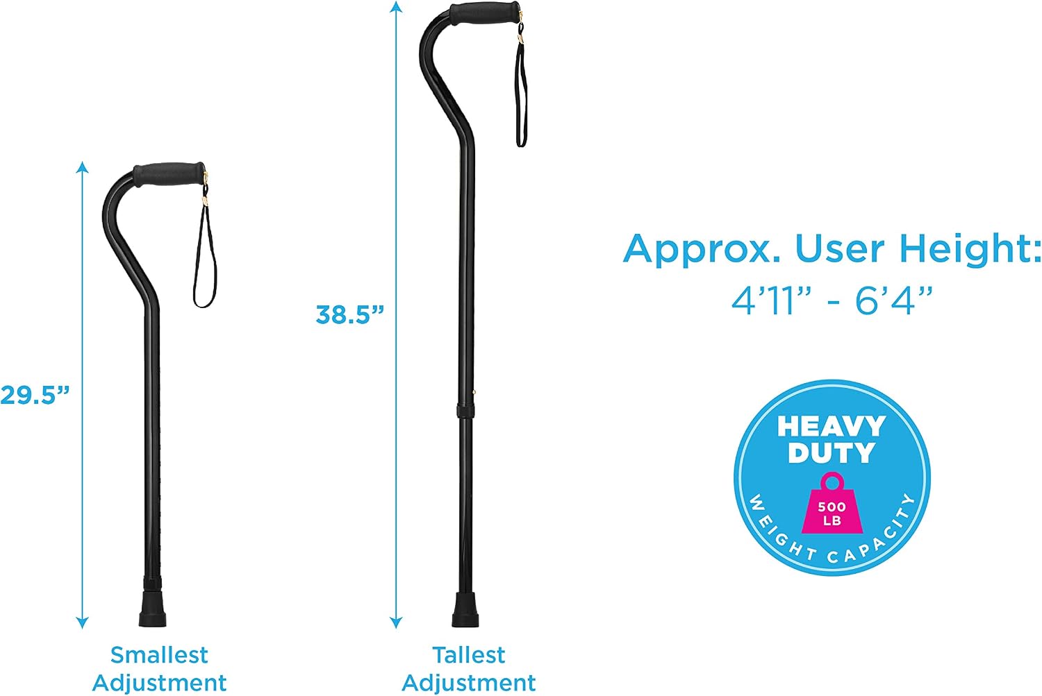 NOVA Heavy Duty Walking Cane with Offset Handle, 500 lb. Weight Capacity, Bariatric & Lightweight Adjustable Walking Stick with Carrying Strap, Black