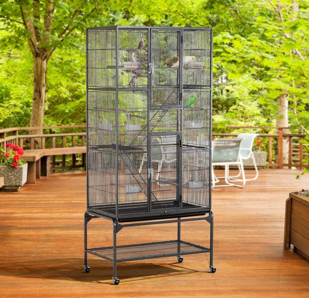 Yaheetech 69" Large Bird Cage for Parakeets, Budgies, 3-Tier Flight Cage | Detachable Rolling Stand, Easy Cleaning Slide-out Tray, Multi-door Access, 0.4'' Bar Spacing, Free Accessories