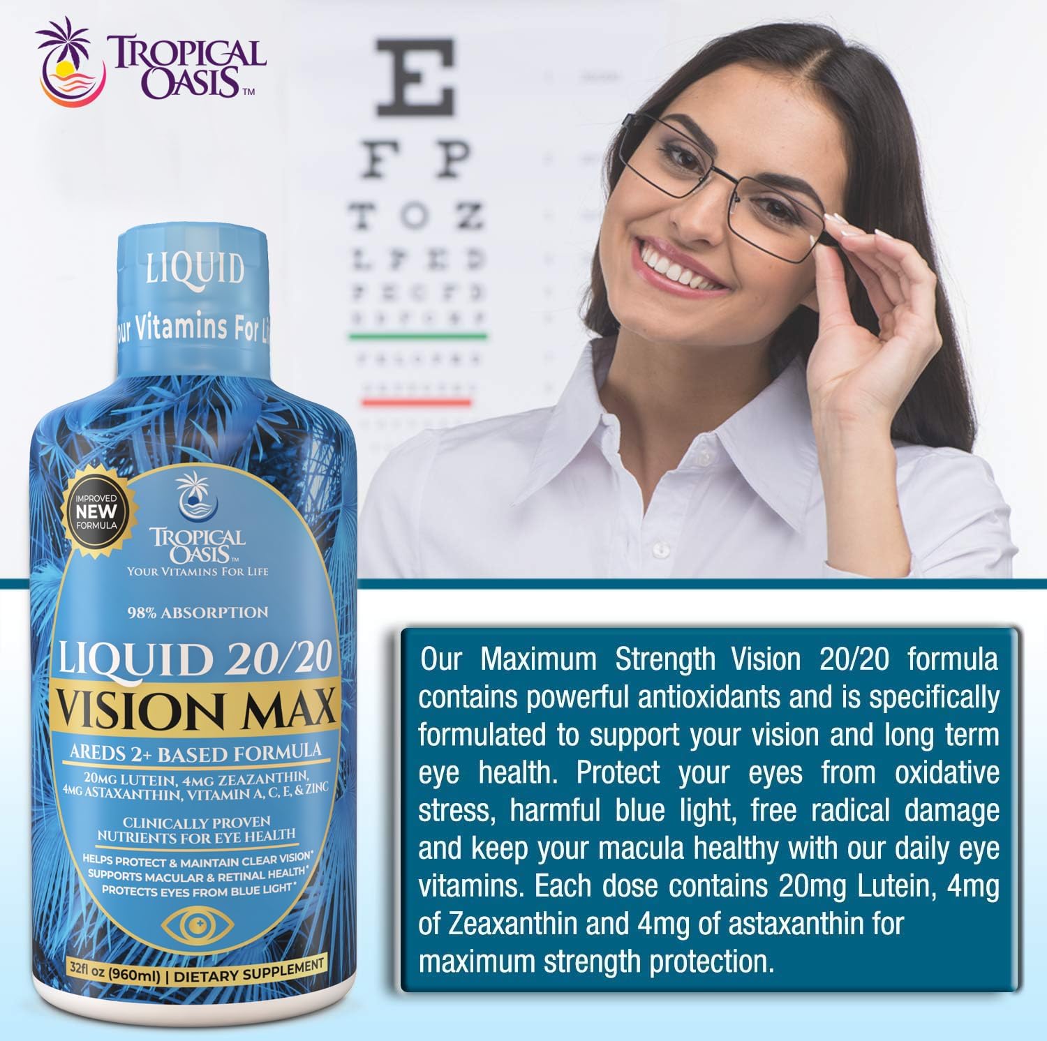 Liquid 20-20 Vision Support | AREDS 2 Based Eye Vitamin Formula w/20mg Lutein, 4mg Zeaxanthin, Vitamin A, C, E