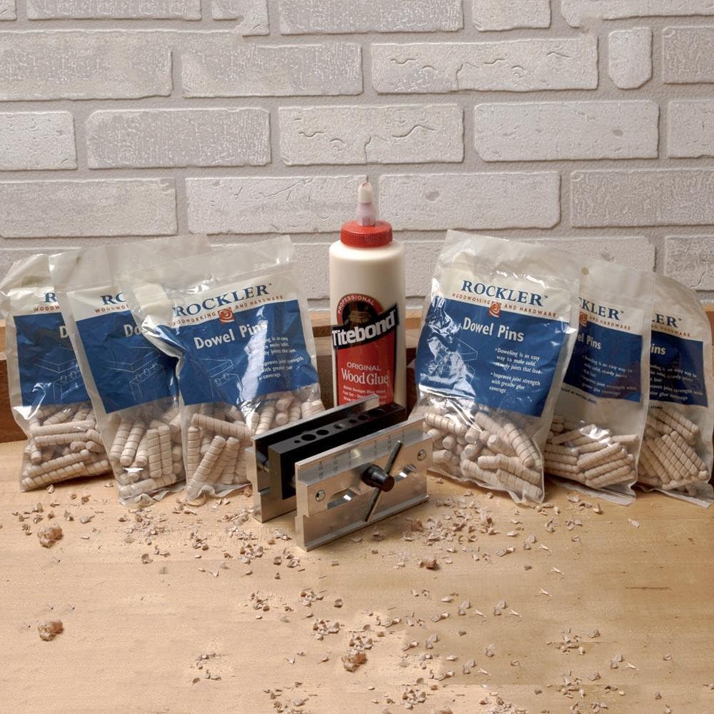 Complete Dowel Jig Kit w/ 3/16", 1/4", 5/16", 3/8", 7/16" & 1/2" Sizes – Woodworking Kit Includes Self Centering Dowel Jig, Titebond Wood Glue