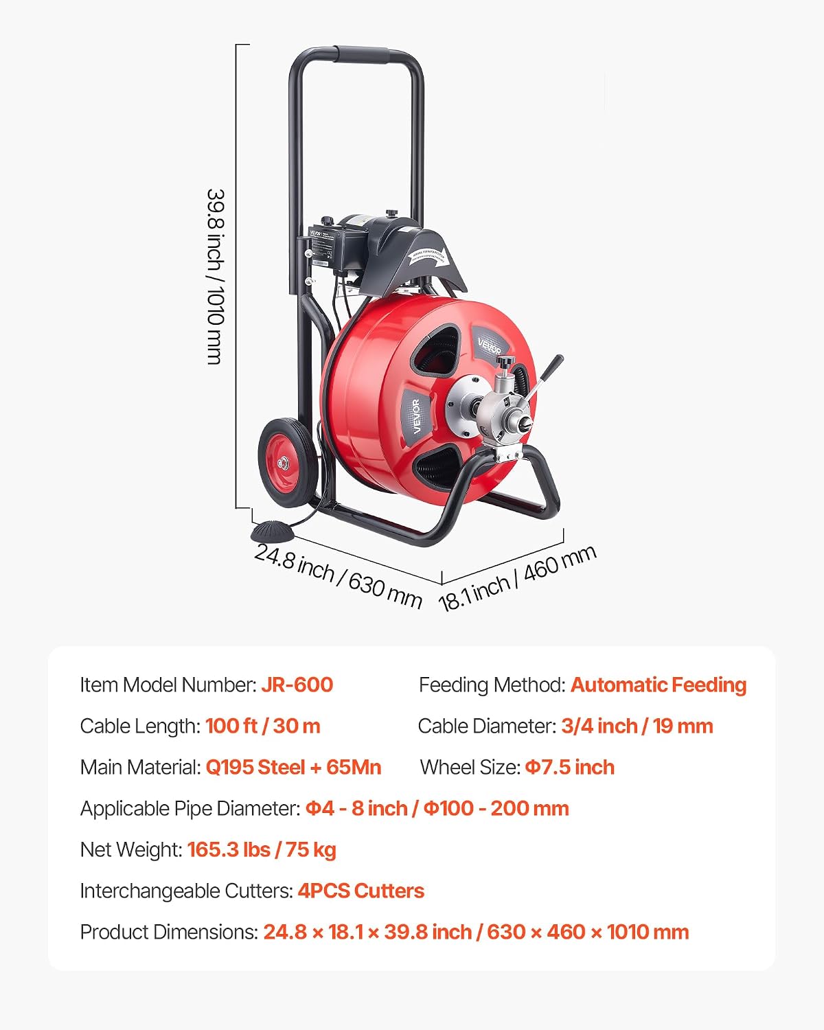 VEVOR Drain Cleaner Machine 75 FT x 3/8 Inch, Auto Feed Sewer Snake Auger on Wheels, Portable Drain Cleaning Machine with 4 Cutters & Air-activated Foot Switch for 2" to 4" Pipes