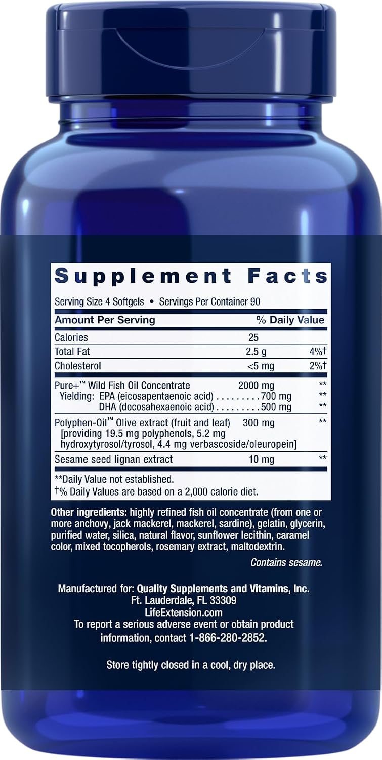 Life Extension Super Omega-3 EPA/DHA Fish Oil, Sesame Lignans & Olive Extract – Heart Health, Brain Health, Inflammation Health Support, Gluten-Free, Easy to Swallow, Non-GMO, 240 Softgels