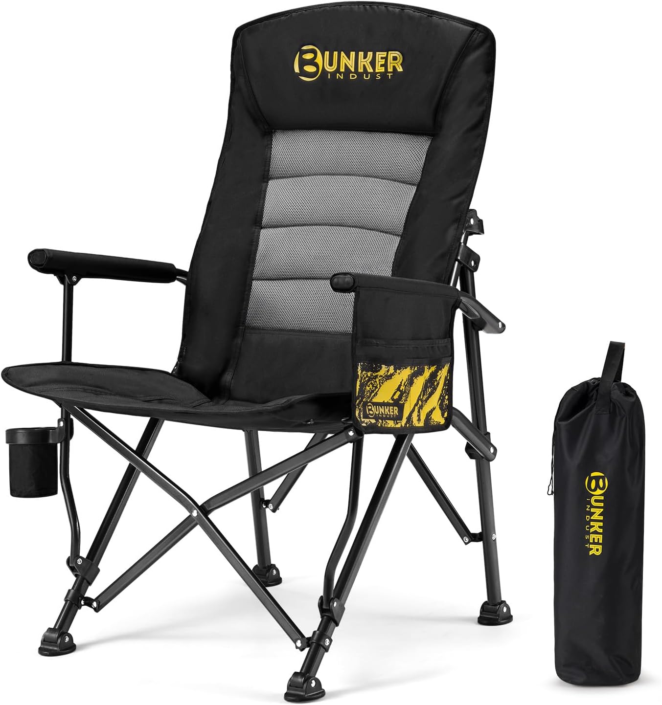 BUNKER INDUST Folding Camping Chair, Oversized with Padded Cushion, Outdoor Chair with Cup Holder Storage Pockets