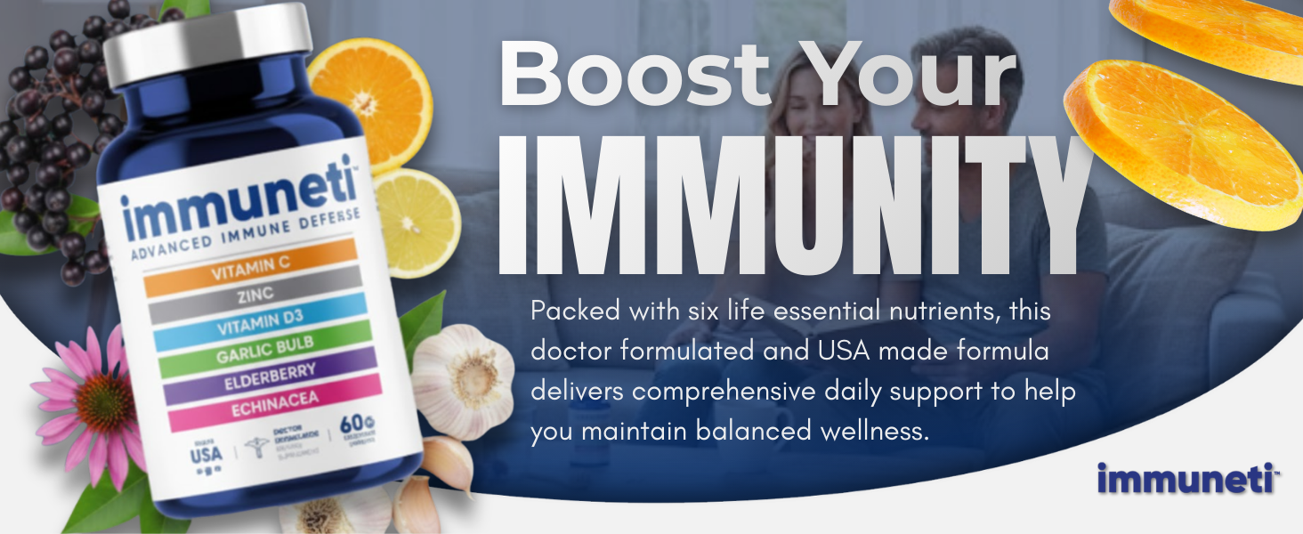 Immuneti immune support supplement bottle with vitamin C, zinc, elderberry, garlic, and echinacea.