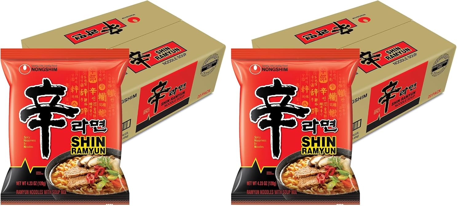 Nongshim Shin Ramyun Noodles, Spicy Korean Signature Instant Ramyun, Rich Beef Flavored Broth, Microwaveable, Korean Instant Noodles, 4.23 oz (Pack of 20), Packaging May Vary.