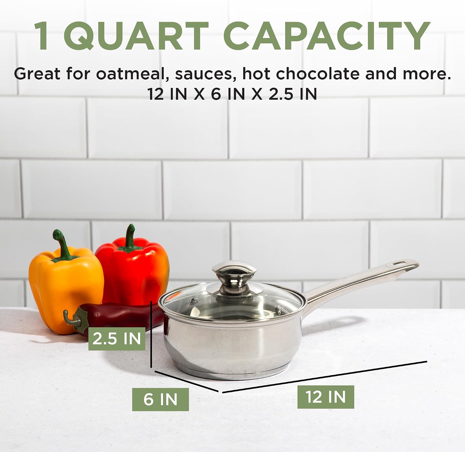 Ecolution Stainless Steel Sauce Pan, Encapsulated Induction Ready Cooking Pot with Glass Lid, Oven Safe, Dishwasher Safe Soup Pot, 2-Quart