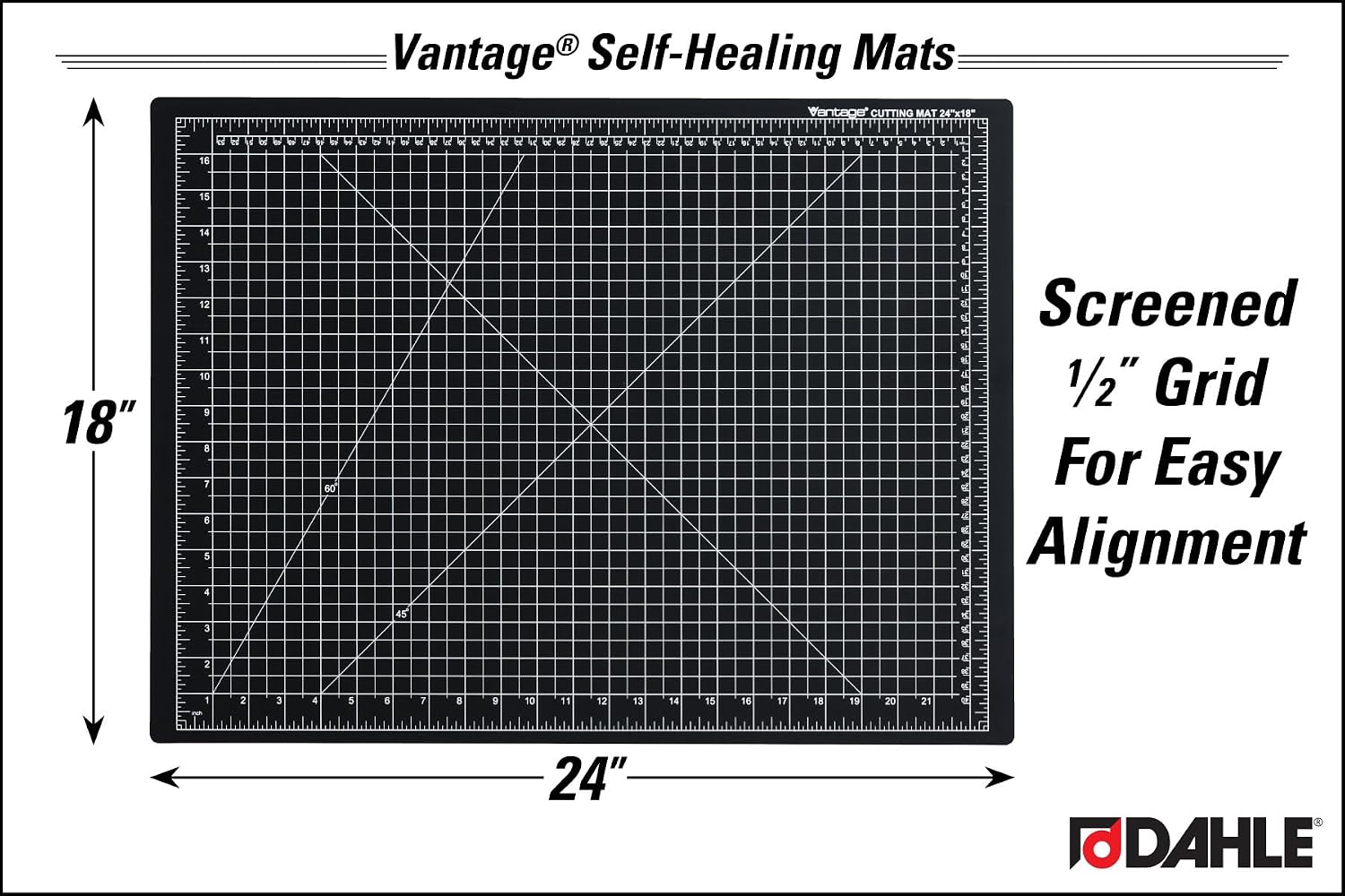 Dahle Vantage 10673 Premium Self-Healing Cutting Mat, 24"x36", 1/2" Grid, 5 Layers for Max Healing, Perfect for Crafts & Sewing, Black