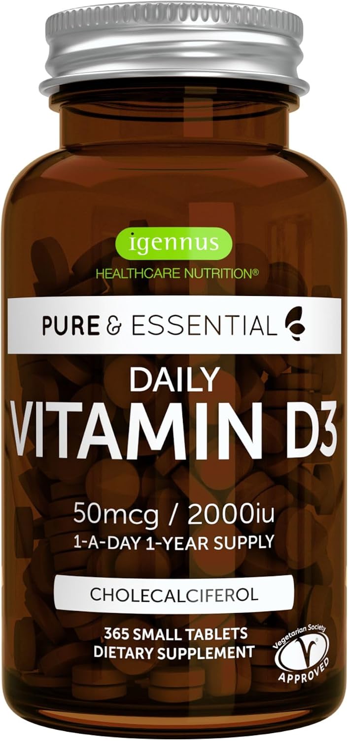 Igennus Daily Vitamin D3 2000iu, 50 mcg, Clean Label, 1-Year Supply | Vegetarian Cholecalciferol Vitamin D Supplement, 365 Small Tablets