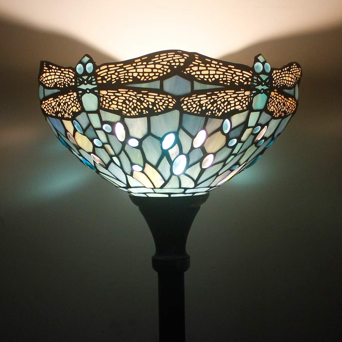 WERFACTORY Tiffany Floor Lamp Sea Blue Stained Glass Torchiere Pole Light | 12X12X71 Inches Dragonfly Standing Corner Torch Uplight Decor Bedroom