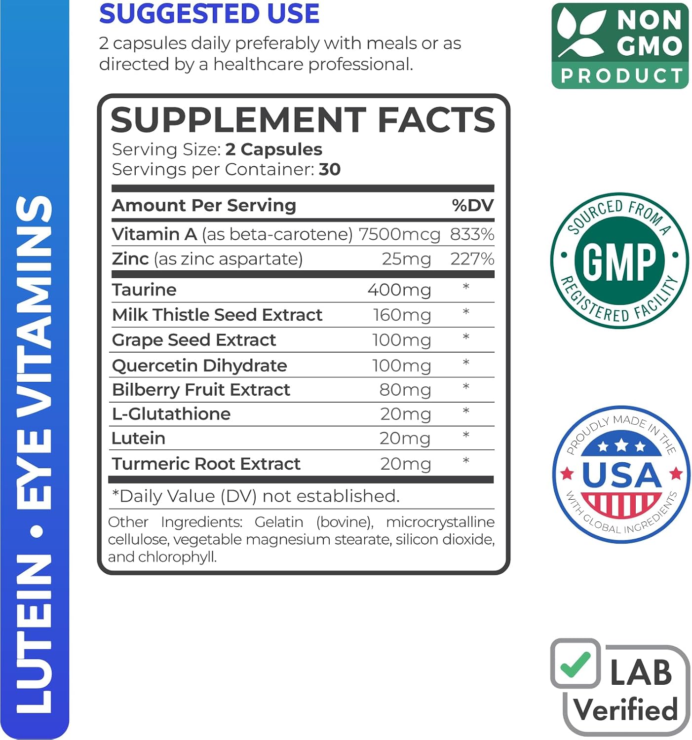Lutein Eye Vitamins (Non-GMO) Vision Support Supplement for Tired and Dry Eyes - Maintain Vision Health with Zinc & Powerful Bilberry, Milk Thistle