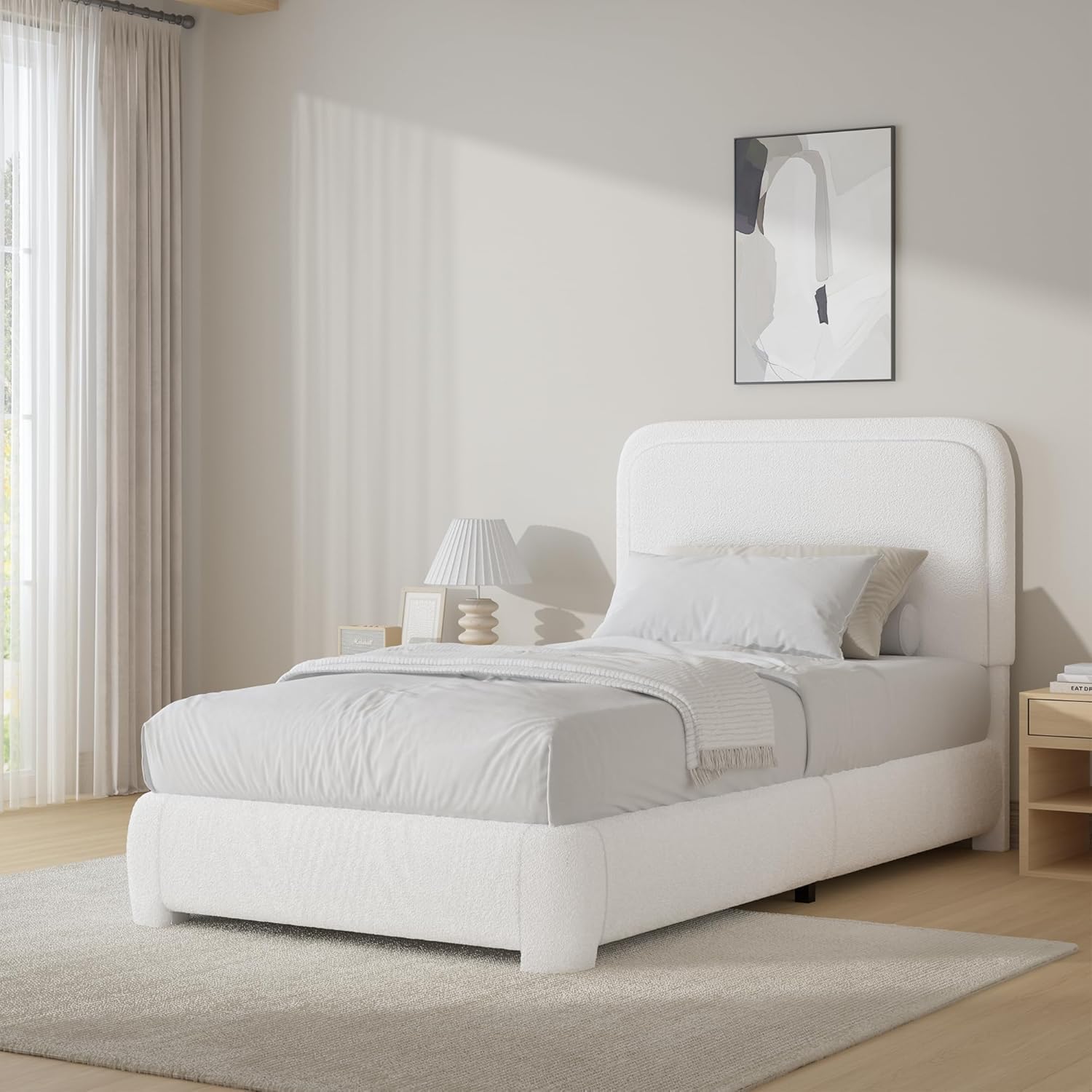 BarnFurin Full Bed Frame, Cloud Boucle Headboard, Rounded Corners, White | Soft boucle and rounded edges create a low-profile cloud look. Wooden slats support the mattress without a box spring