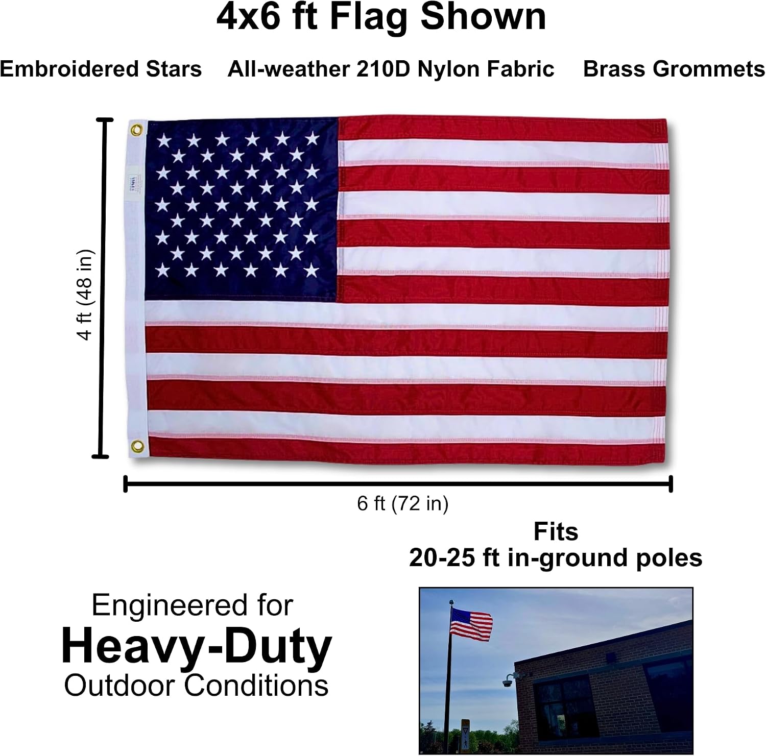 4x6 ft Heavy-Duty American Flag – 100% Made in USA, FMAA Certified – UV-Resistant 210D Outdoor Nylon with Embroidered Stars, Sewn Stripes, Brass Grommets, Reinforced Fly End for 20–25 ft Poles