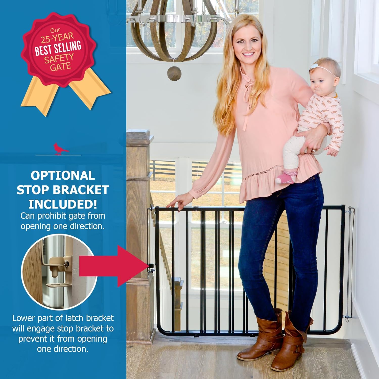 Cardinal Gates SS30 Stairway Special Baby and Pet Gate, 27-42.5 in, Black | One-hand latch, two-way swing and angle-mount hardware for babies and pets