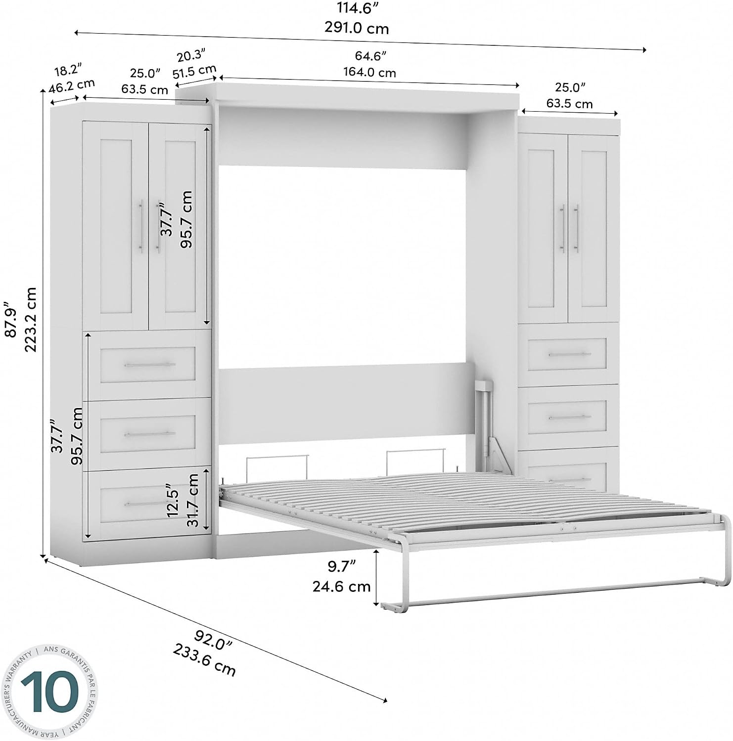 Bestar Pur Full Murphy Bed and 2 Shelving Units with Drawers, 109-inch Space-Saving Sleeping Arrangement in White | 2 Shelving Units with Drawers; supports up to 1000 lb; min. ceiling height 86.4 in.; dual piston mechanism; 10-year warranty