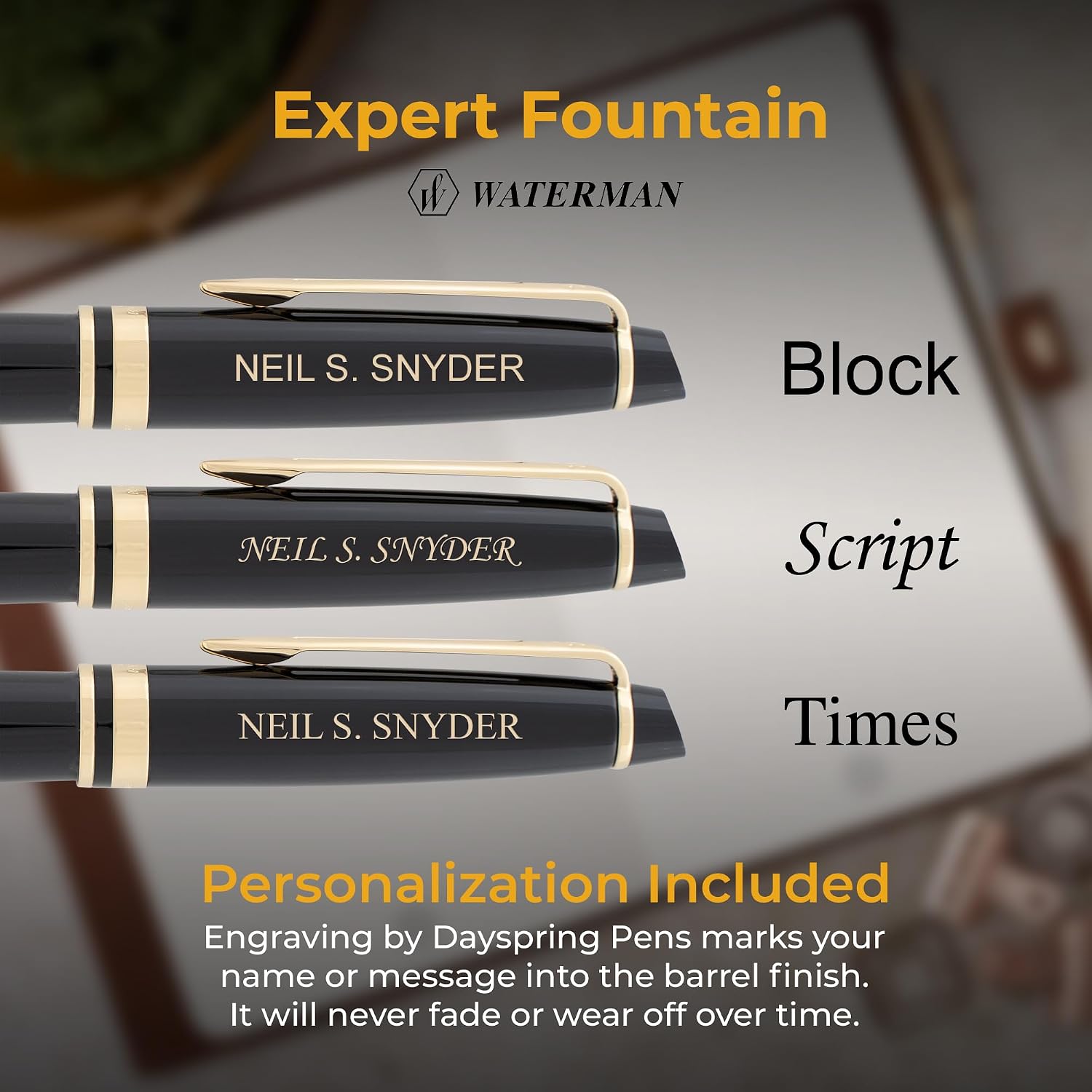 Waterman Expert Fountain Pen, Black Lacquer with 23k Gold Trim, Custom Engraved — Retirement, Board Recognition, or Executive Gift