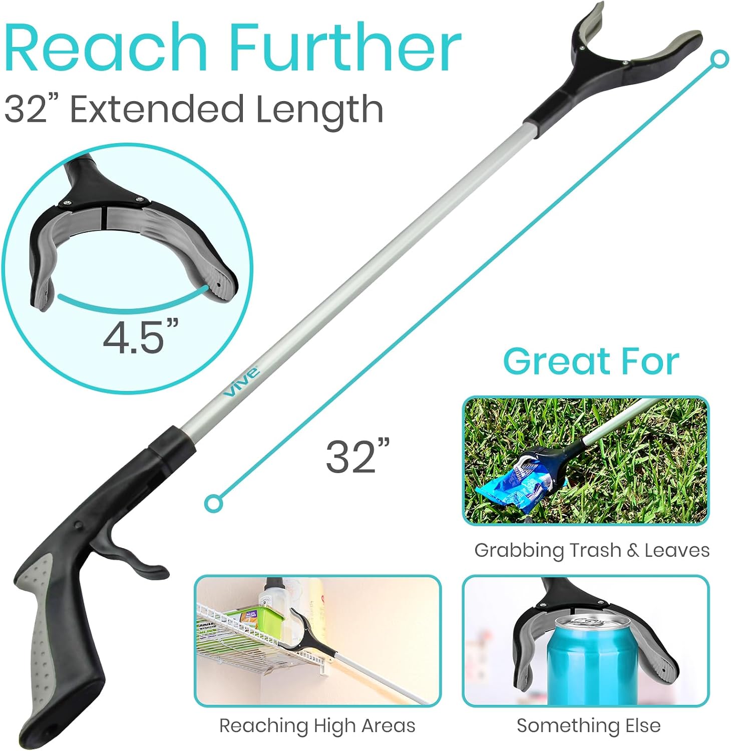 Vive Reacher Grabber 32" - Extra Long Mobility Aid - Rotating Hand, Heavy Duty Grip Arm - Reaching Assist Tool for Trash Pickup, Litter Picker, Garden Nabber, Disabled, Handicap Arm | Duty Grip Arm - Reaching Assist Tool for Trash Pickup, Litter Picker,…