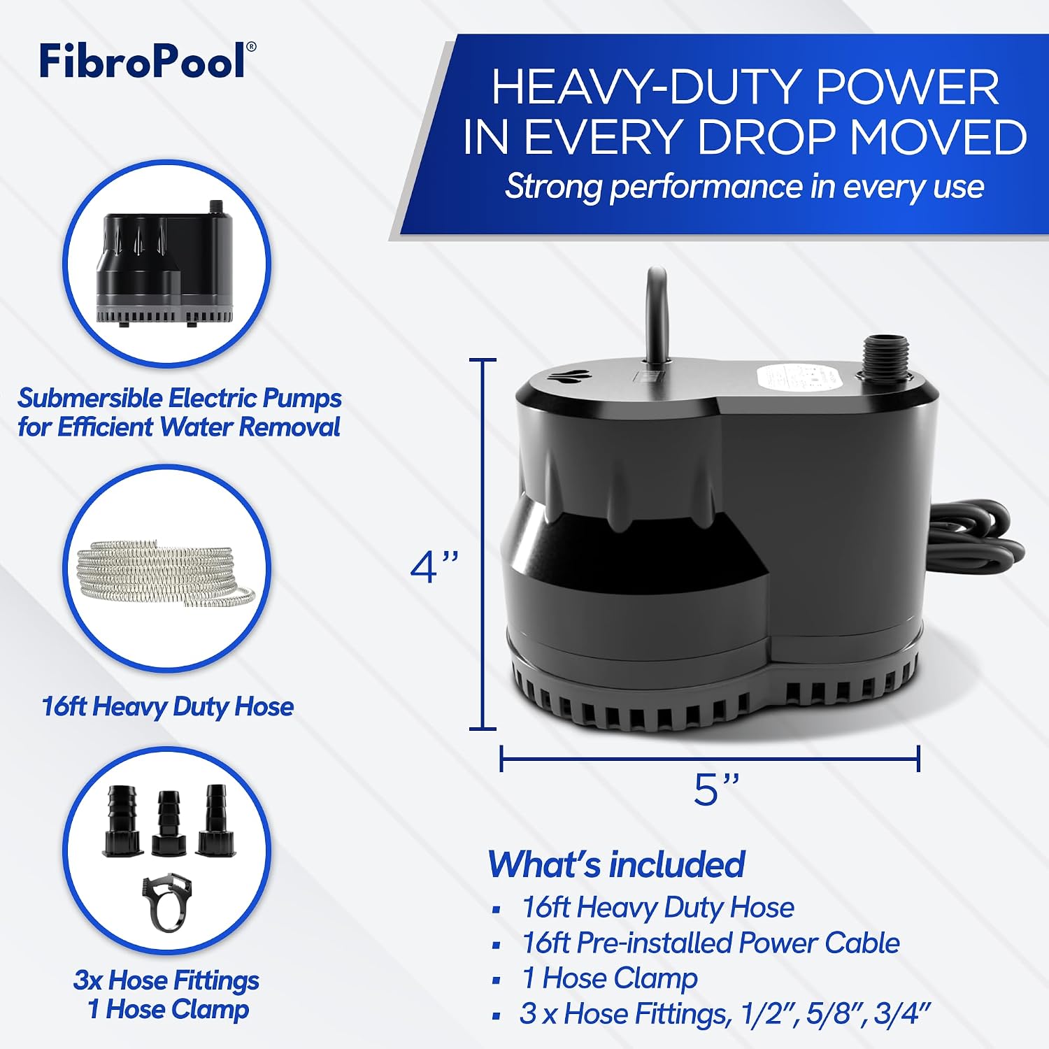 Pool Cover Pump - 75W 10 GPM 120V - 16 ft Hose - ABS Plastic | Submersible Design, Flat Base For Shallow Water, Manual Shut Off, 16 ft Power Cord