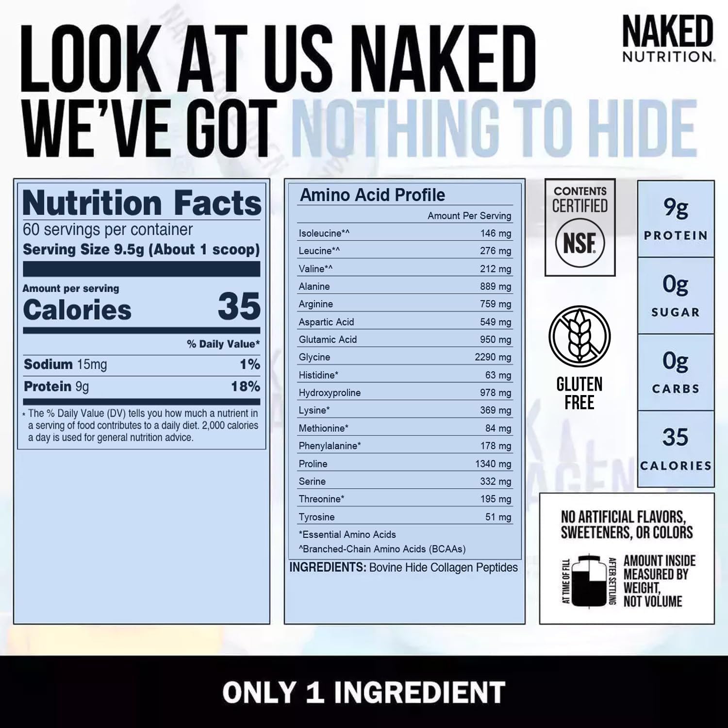 NAKED Collagen Peptides Protein Powder, 60 Servings, Pasture-Raised, Unflavored Grass-Fed Hydrolyzed Collagen Supplement, NSF Certified, Paleo Friendly, Non-GMO, Keto, Gluten Free, 20oz
