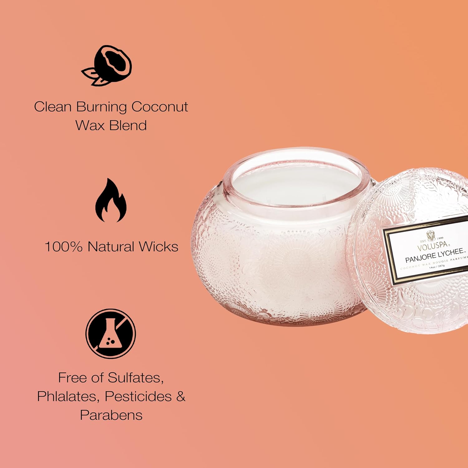 Voluspa Panjore Lychee, Glass Chawan Bowl Candle, 14 oz, 50 Hour Burn Time, Coconut Wax for Clean Burning, Handcrafted in the USA