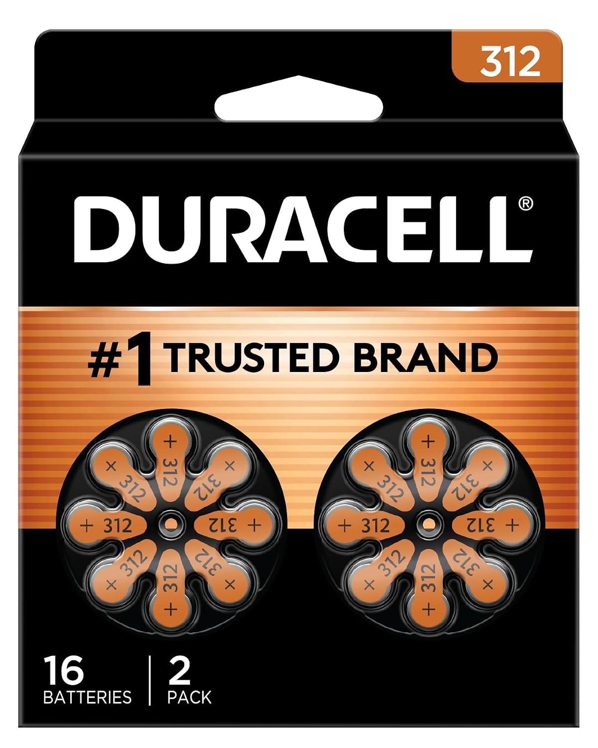 Duracell Hearing Aid Batteries Size 312, Brown, 16 Count (Pack of 1), Long-lasting Power, Extra-long EasyTab Install