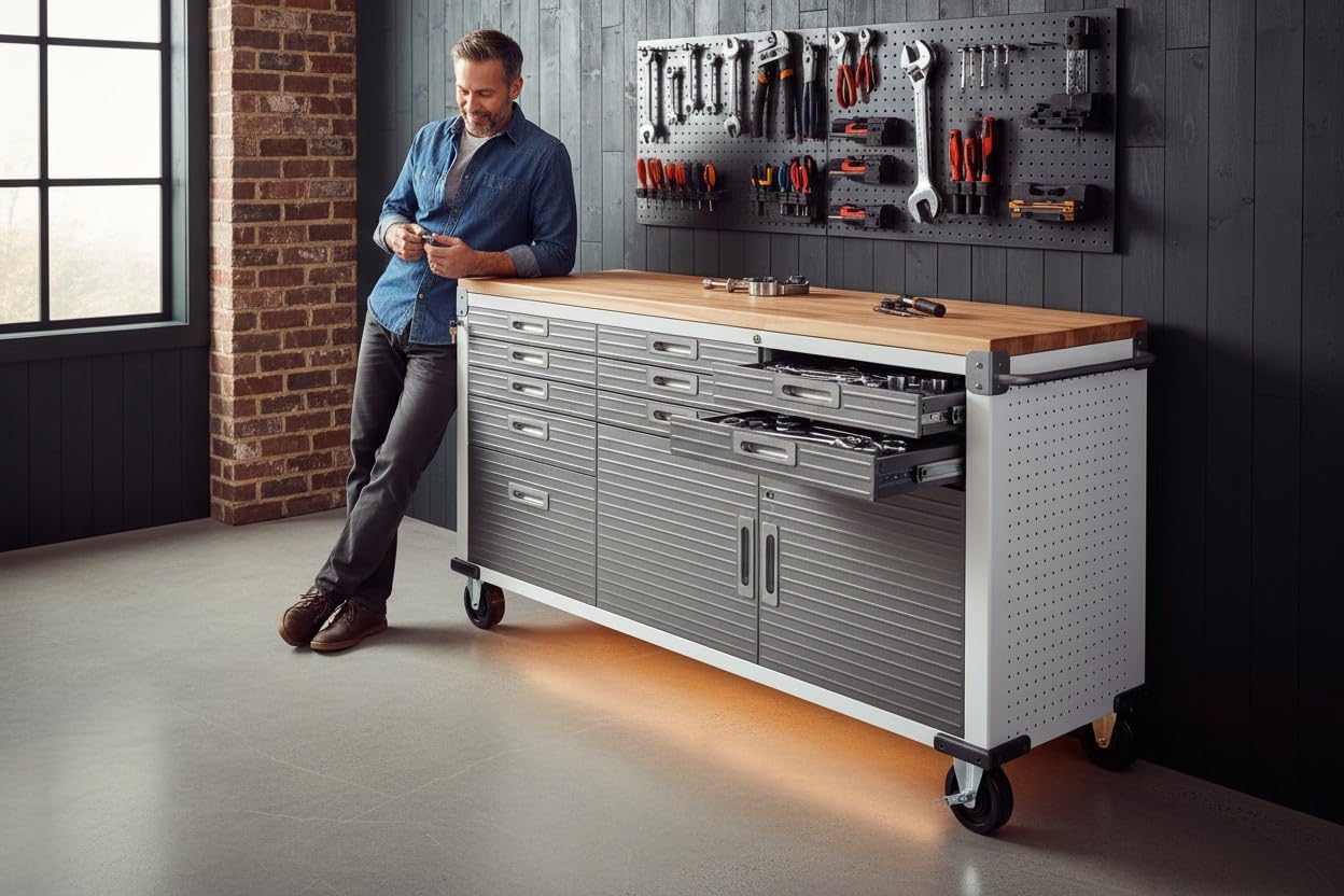Heavy-Duty Rolling Workbench with Drawers and Cabinet, 77" W x 20" D x 37.5" H, (Red, 11 Drawer)
