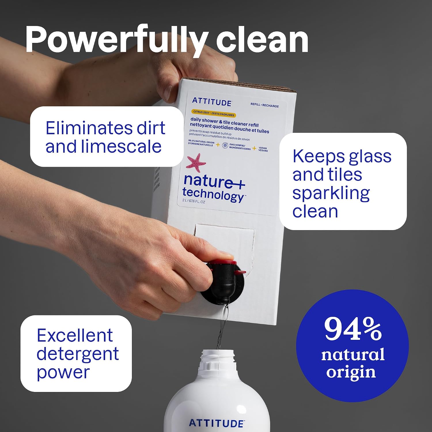 ATTITUDE Shower & Tile Cleaner Spray, EWG Verified, Bathroom Cleaner Removes Soap Scum & Grime, Plant-Based & Vegan, Citrus Zest Scent, 27.1 Fl Oz