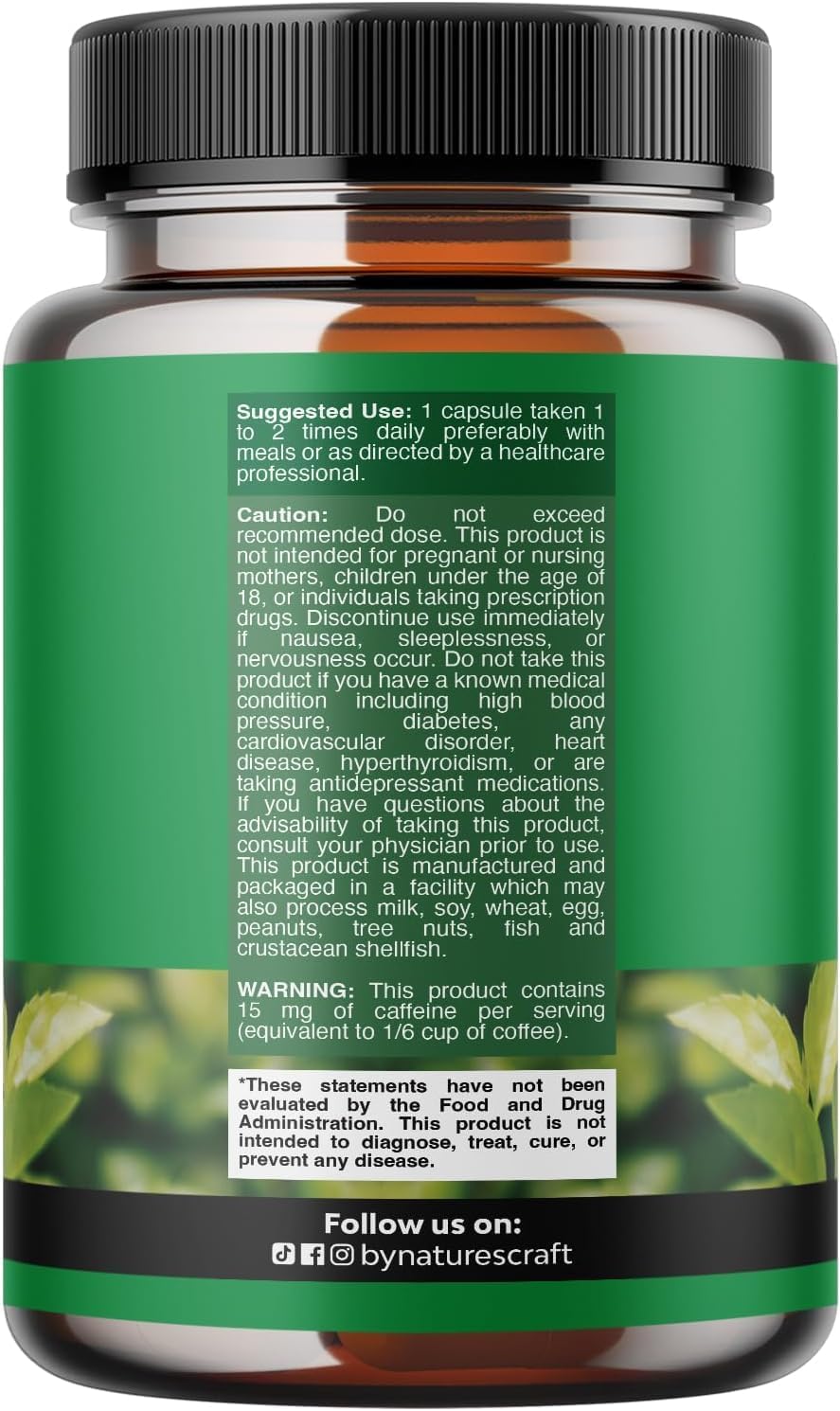 Green Tea Extract Capsules - 500mg Pure Leaf Green Tea Caffeine Supplement - EGCG
