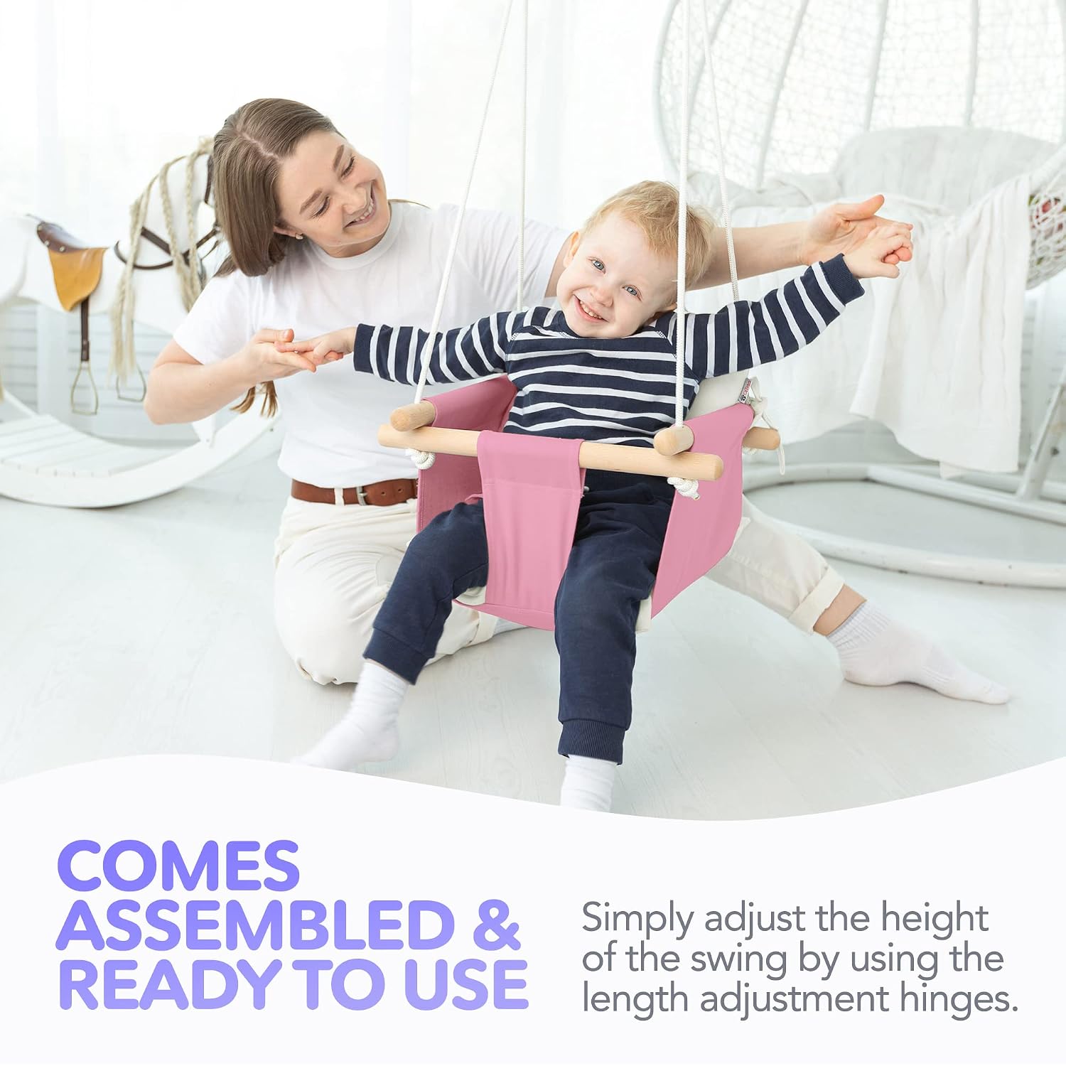 CaTeam Canvas Baby Swing Seat with 5-Point Safety Belt — Wooden Hanging Toddler Swing, Indoor & Outdoor, Ages 1-4, Ceiling Mount Hardware Included