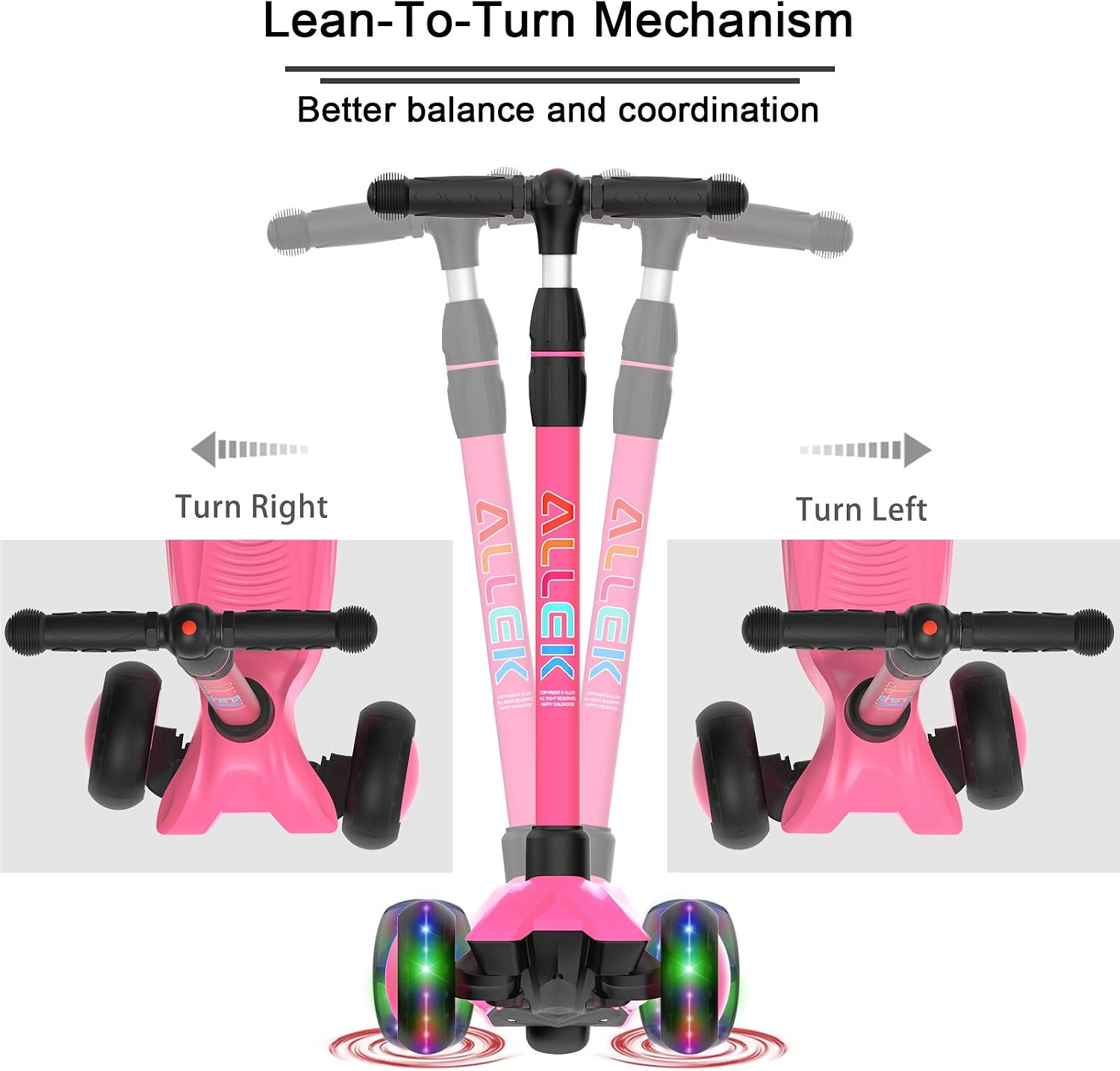 Allek Kick Scooter B03, Lean 'N Glide 3-Wheeled Push Scooter with Extra Wide PU Light-Up Wheels