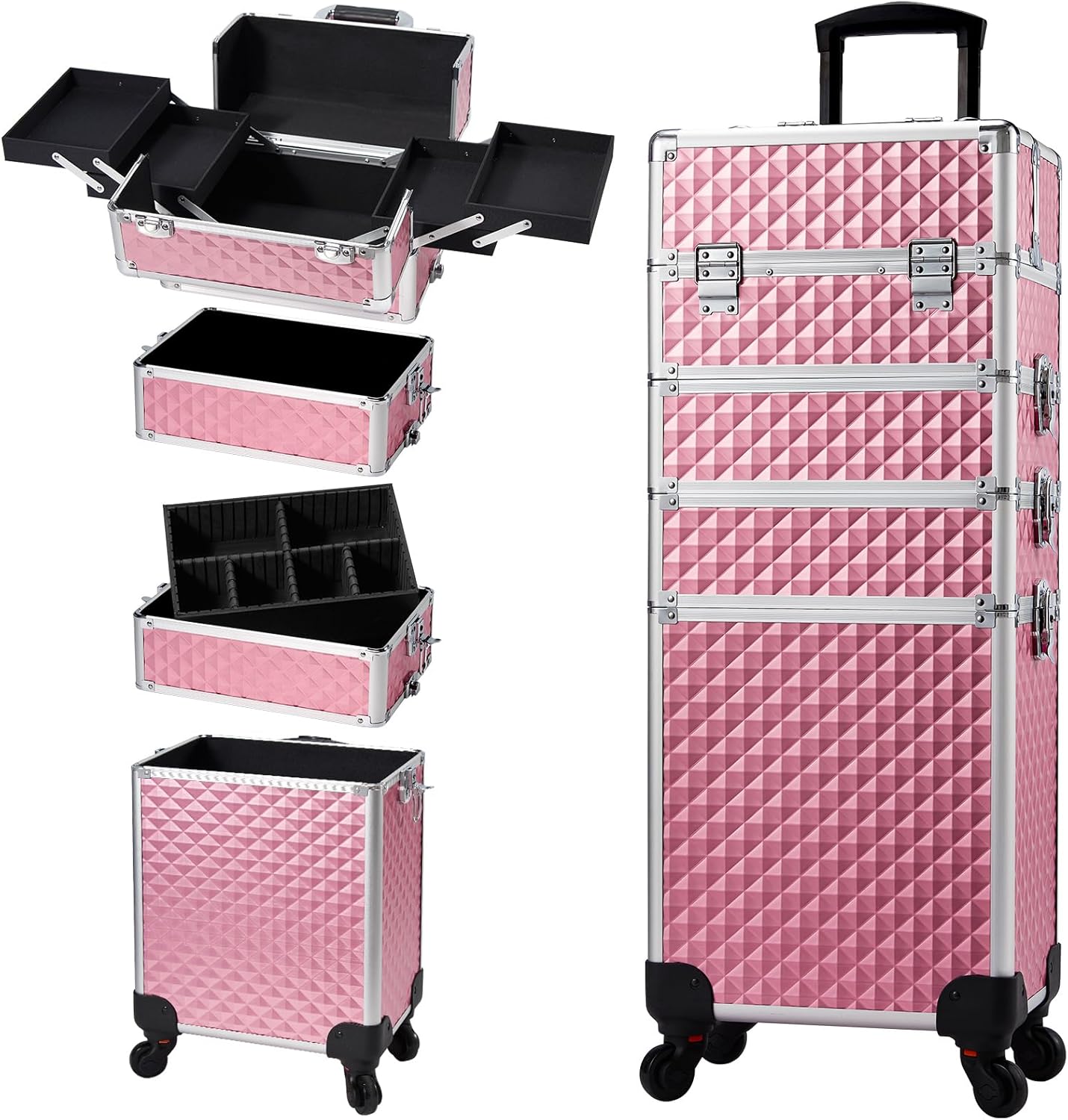 Stagiant Rolling Makeup Case Cosmetology Case on Wheels 4 in 1 Large Cosmetic Organizer Train Case Makeup Travel Case with Key Swivel Wheels Nail