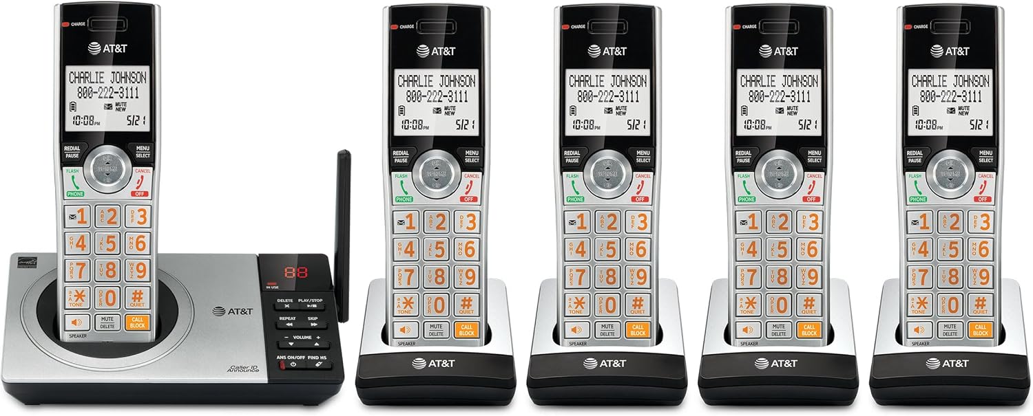 AT&T DECT 6.0 Expandable Cordless Phone with Answering System, Silver/Black with 3 Handsets