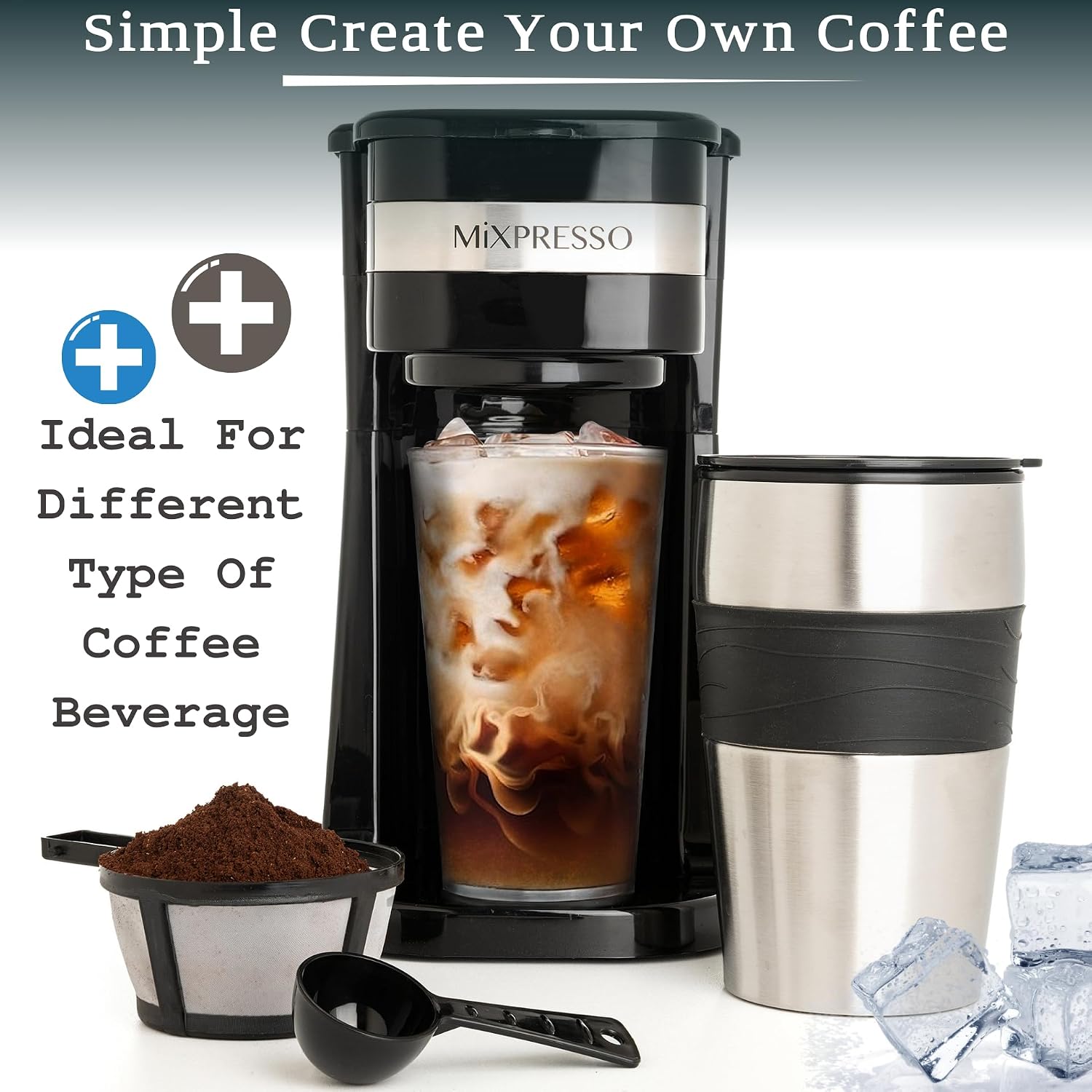 Mixpresso Single Serve & Single Cup Coffee Maker with 14oz Travel Mug Black | For ground coffee only, reusable filter, auto shut off. Compact personal drip coffee maker, not compatible with K-Cup pods.
