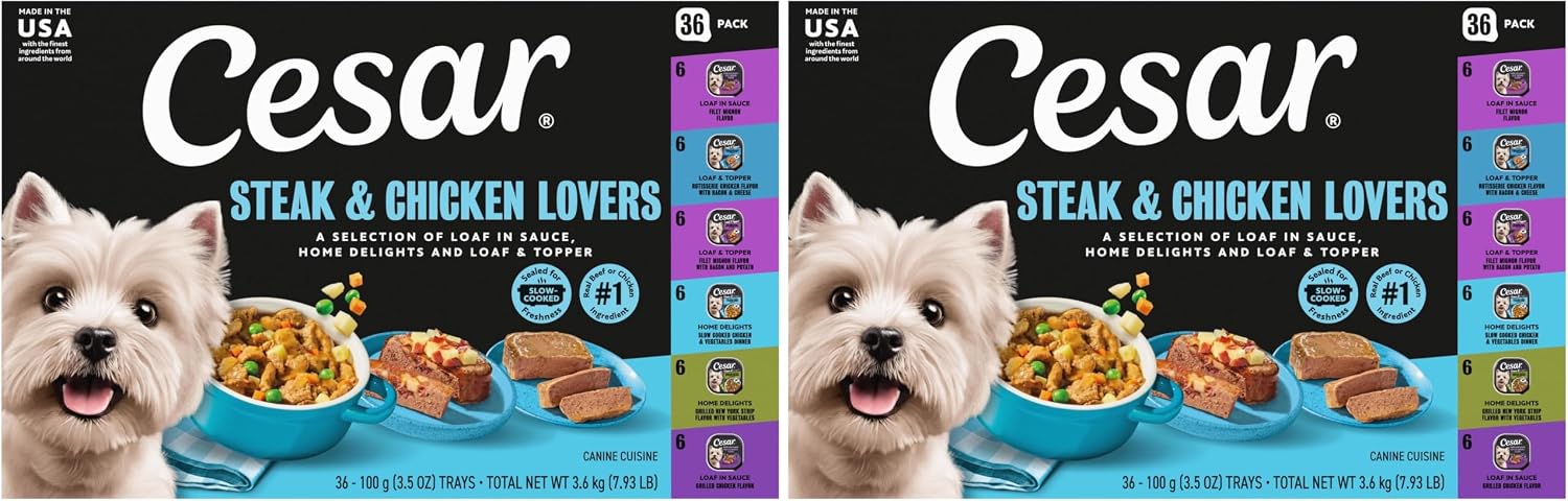 Cesar Wet Dog Food, Steak Lovers Variety Pack, 3.5 oz, 36 Count | Real meat #1 ingredient, easy peel trays, 100% complete & balanced, no fillers, no added sugar, no artificial flavors