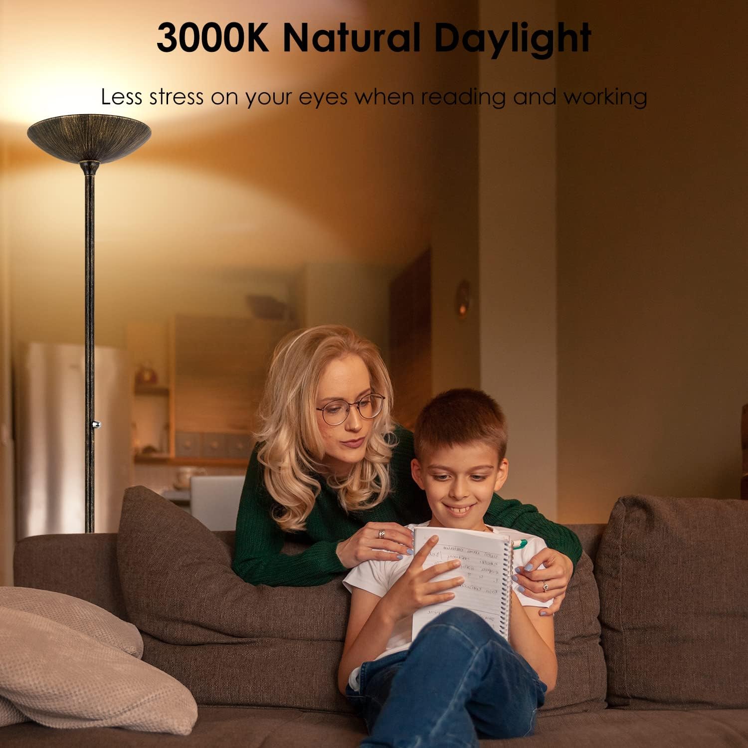 BoostArea Torchiere Floor Lamp, 30W Super Bright LED Standing Lamp, Stepless Dimmable Pole Lamp with 3000K Lighting, Rotary Switch