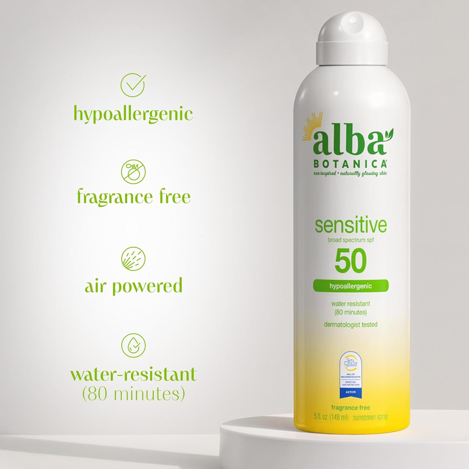 Alba Botanica Sensitive Sunscreen Spray for Face and Body, Fragrance-Free, Broad Spectrum SPF 50, Water Resistant, 5 fl. oz. Bottle