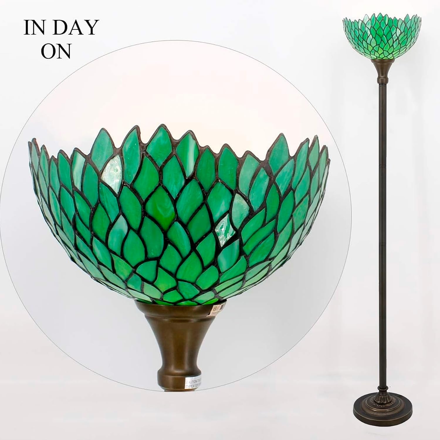 WERFACTORY Tiffany Floor Lamp Torchiere Green Wisteria Stained Glass Light | 12X12X71 Inches Pole Standing Corner Torch Uplight Decor Bedroom Living