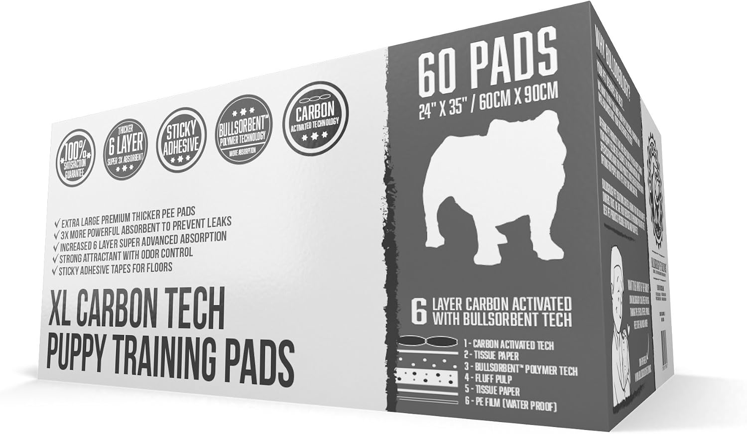 Bulldoglogy 50-Count Carbon Black Dog Pads Puppy Training Pads with Adhesive Tape 24x24 - Large Charcoal Puppy Pads Dog Training Wee Pads, Odor Control Thick Pee Pads for Dogs Extra Quick Dry