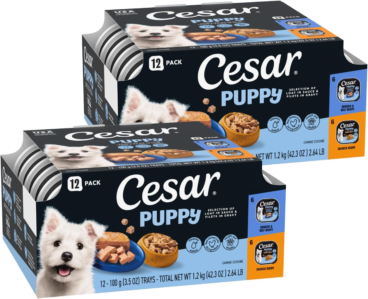 Cesar Puppy Classic Loaf Wet Dog Food, Chicken & Beef, 3.5 oz, 24 Count | Real chicken #1 ingredient, made in USA, no fillers or artificial flavors, essential nutrients, slow-cooked, easy peel trays