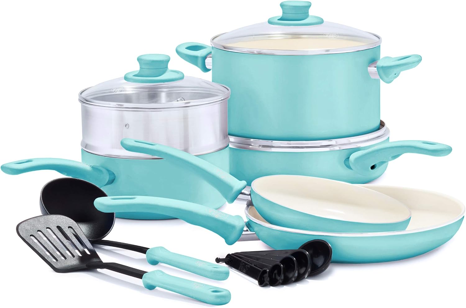 GreenLife Soft Grip Healthy Ceramic Nonstick, 15 Piece Cookware Pots and Pans Set, Induction, PFAS-Free, Dishwasher Safe, Turquoise