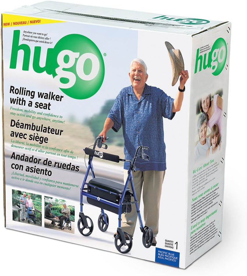 Hugo Mobility Portable Rollator Walker with Seat, Backrest and 8 Inch Wheels, Blue | Portable Rollator Walker Features Seat