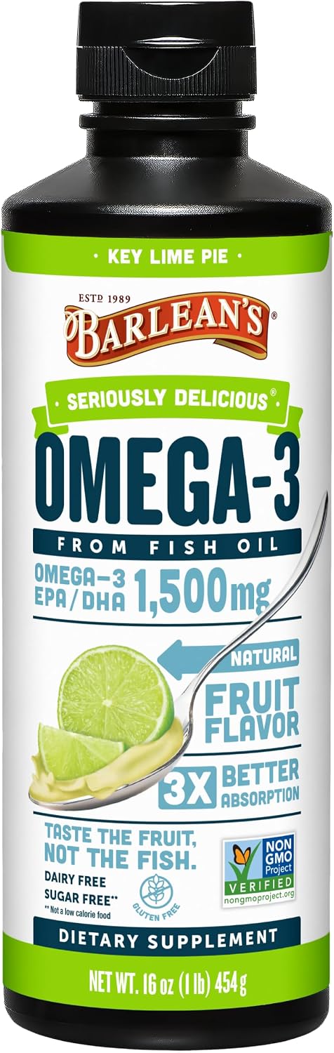 Barlean's Mango Peach Omega-3 Fish Oil, Vitamin D, 1080mg EPA & DHA, 8oz | Wild-caught fish oil plus vitamin D, EPA DHA omega-3, Burpless, Non-GMO, Gluten-free, Heart, brain, bone & immune