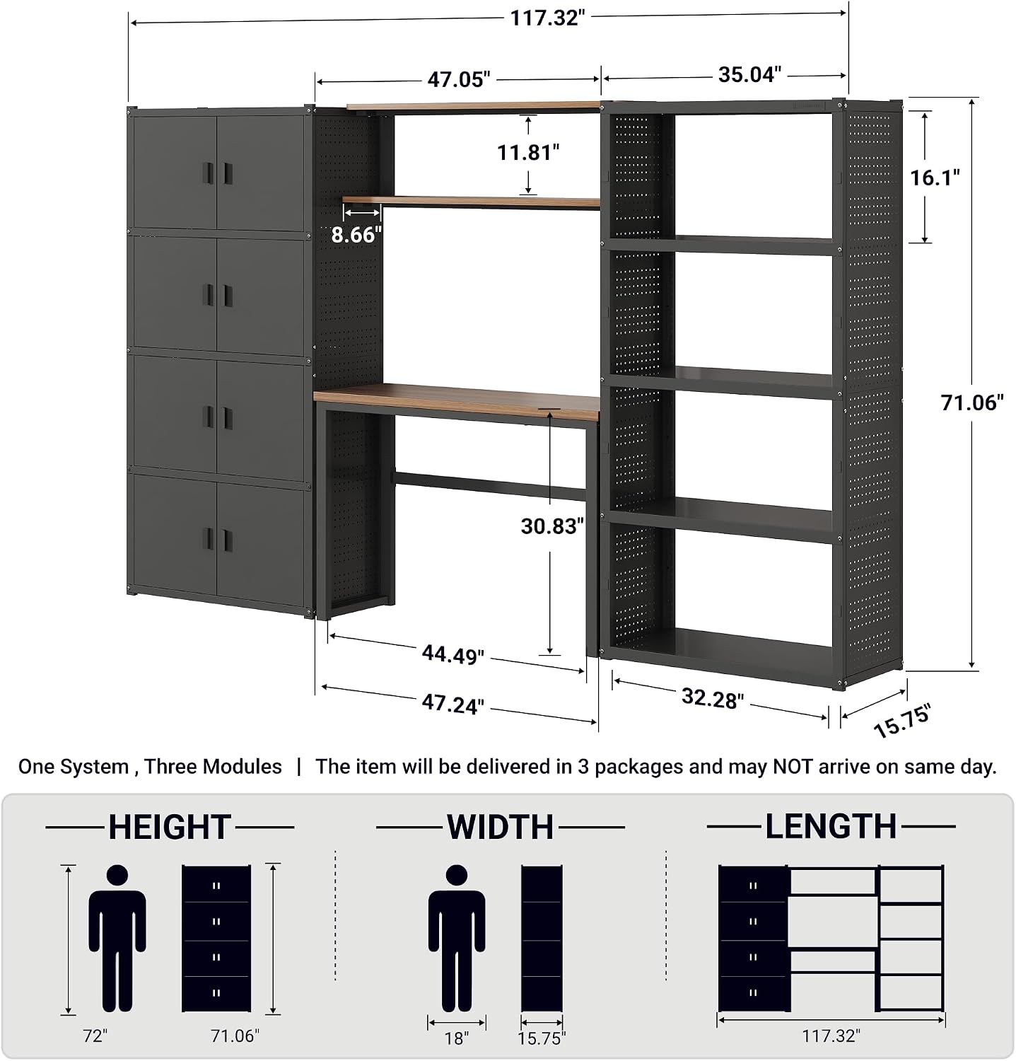 FLEXIMOUNTS 117"W Modular Garage Storage Cabinet with Workbench, Black | 6 Doors, 3700lbs capacity, Metal board shelf includes pegboard, 3-in-1 metal tool cabinet, 24-gauge steel, FLEXIMOD Series