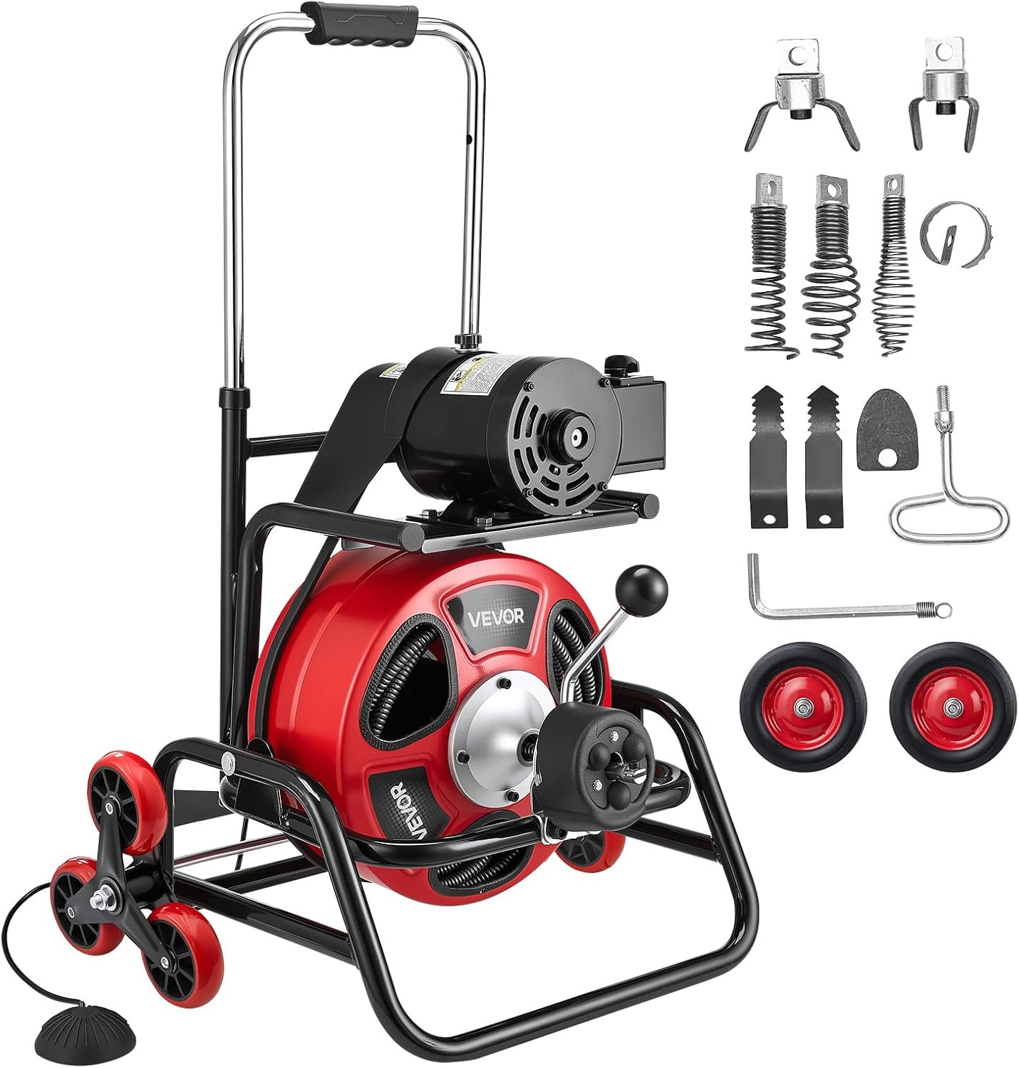VEVOR Drain Cleaner Machine 100 FT x 3/4 Inch, Auto Feed Sewer Snake Auger, Portable Drain Cleaning Machine with Multi-Wheel Combination, 6 Cutters & Air-Activated Foot Switch for 4" to 8" Pipes