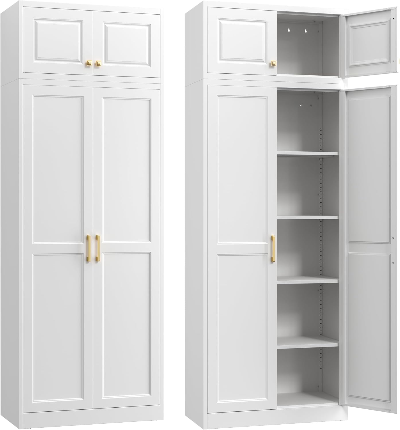Steeloong 71"Metal Pantry Storage Cabinet with Doors & 4 Adjustable Shelves | Kitchen Pantry Cabinet,White Kitchen Cabinet with 2 Gold Handles,Tall Cabinet for Livingroom,Pantry, Bathroom,Kitchen