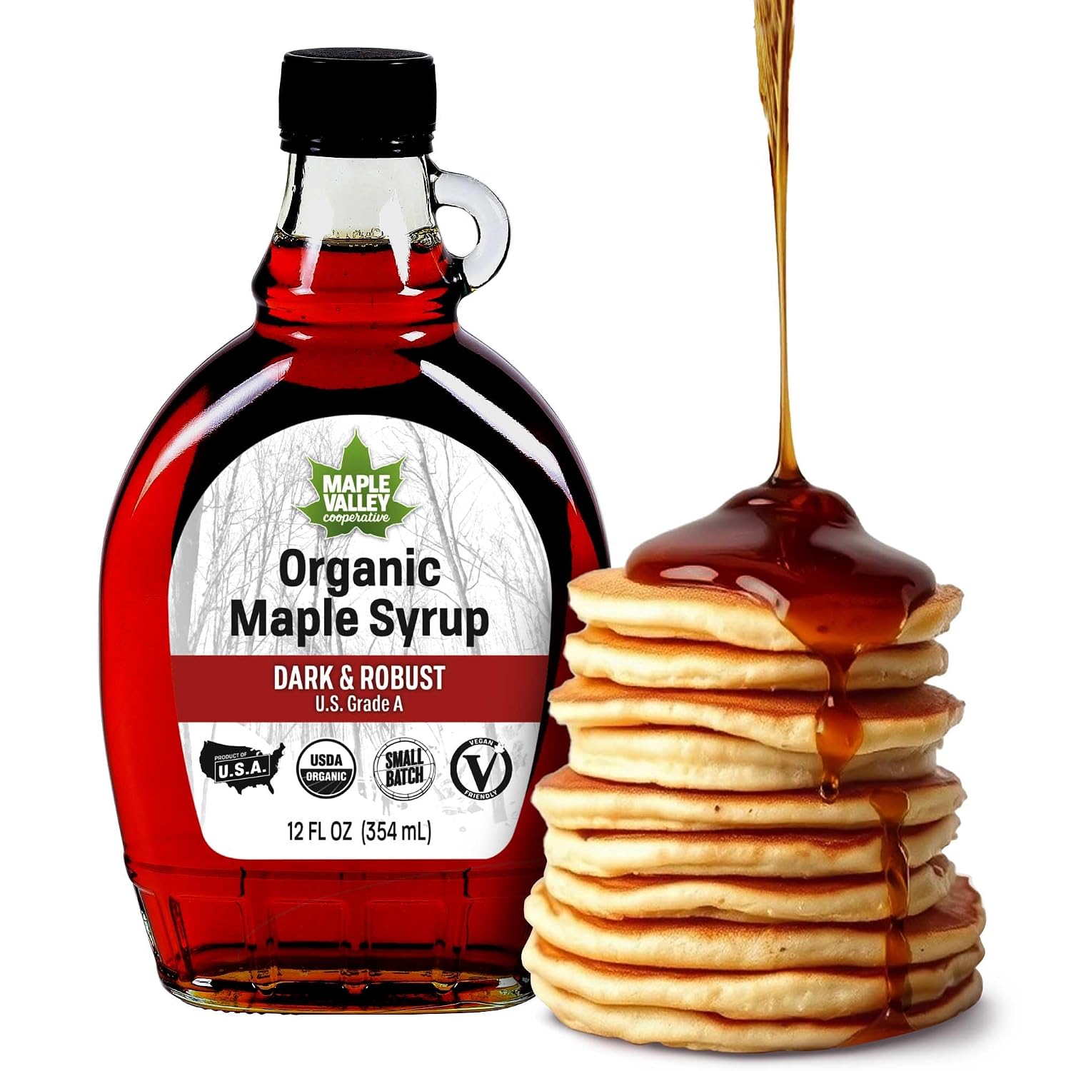 Maple Valley Organic Pure Maple Syrup, Dark & Robust, 32oz (Glass Bottle)​ | Naturally Sweetens Cooking, Baking, Coffee, Tea and Marinades; A Better Alternative to Refined Sugar and Table Syrup