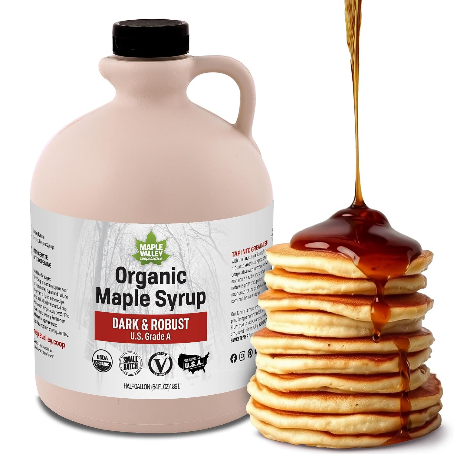 Maple Valley Organic Pure Maple Syrup, Dark & Robust, 32oz (Plastic Jug)​ | Naturally Sweetens Cooking, Baking, Coffee, Tea and Marinades; A Better Alternative to Refined Sugar and Table Syrup